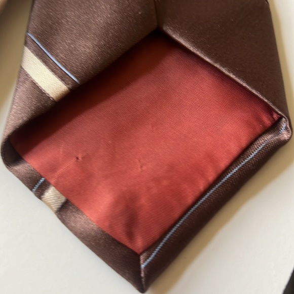 Yves Saint Laurent Neckwear Brown, Tan & Light Blue Silk Tie with “YSL” Emblem - Picture 4 of 6